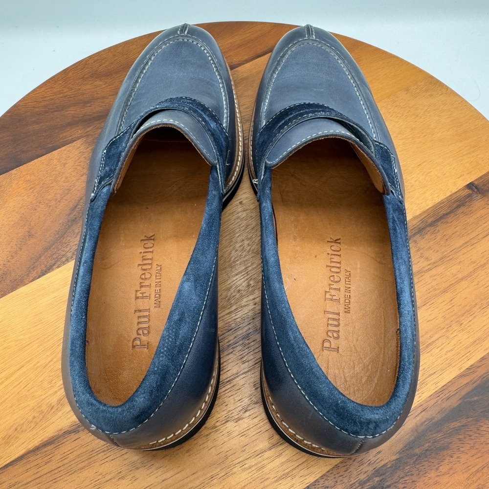 Paul Frederick Klaus Penny Loafers Mens 8 Blue Leather Dress Shoes Casual Italy - Picture 6 of 11